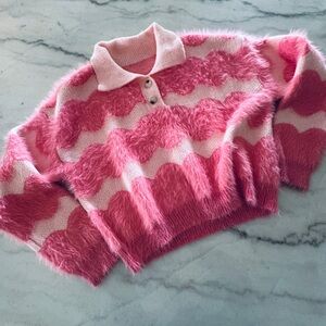 Pink and Cream Wave/Heart Pattern Polo Sweater NEW